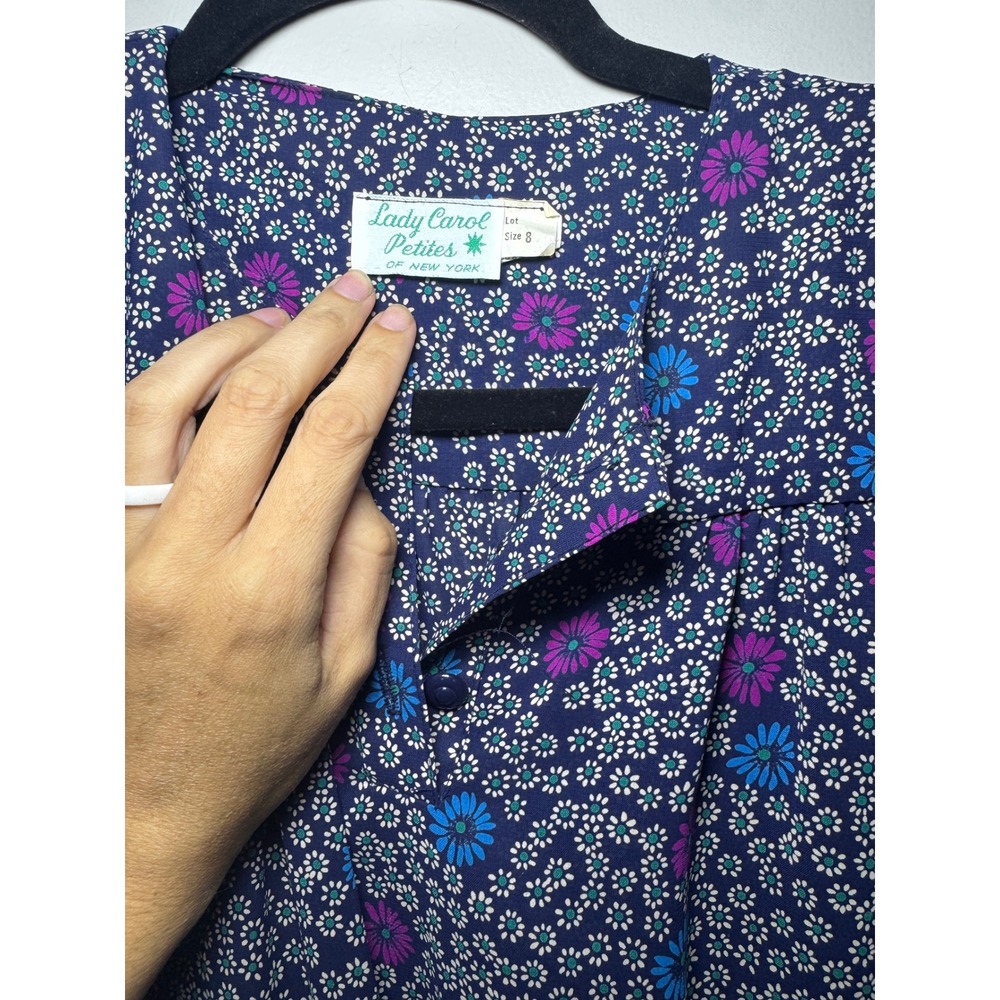 Lady Carol Petites Vintage Floral Midi Dress Blue Purple Daisy Smocked Waist 8 - Picture 4 of 7
